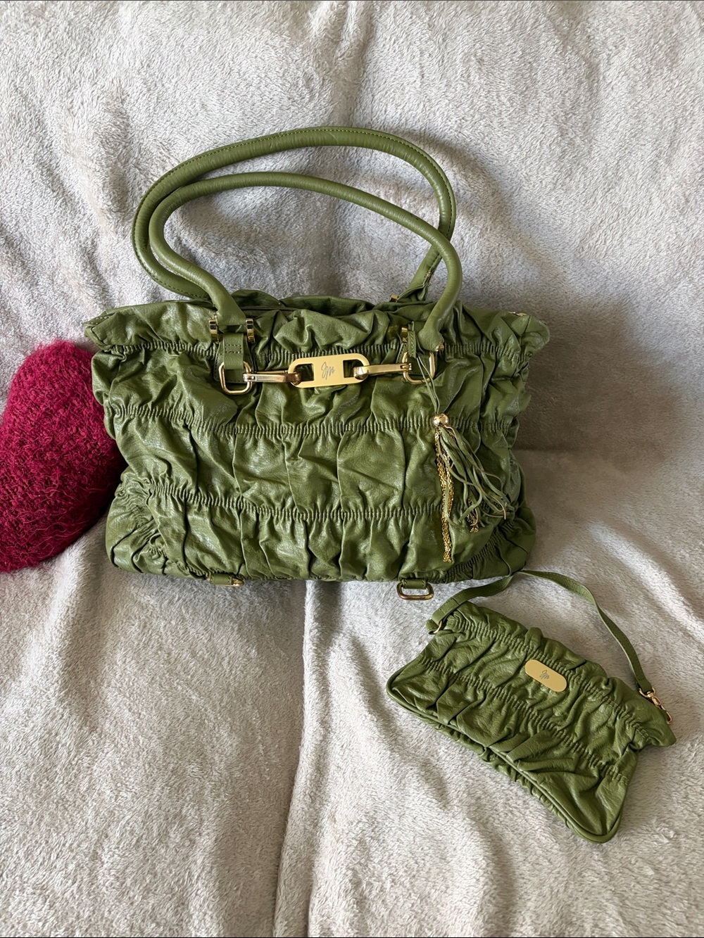 Olive Green Gathered Leather Tote with Tassel Accent